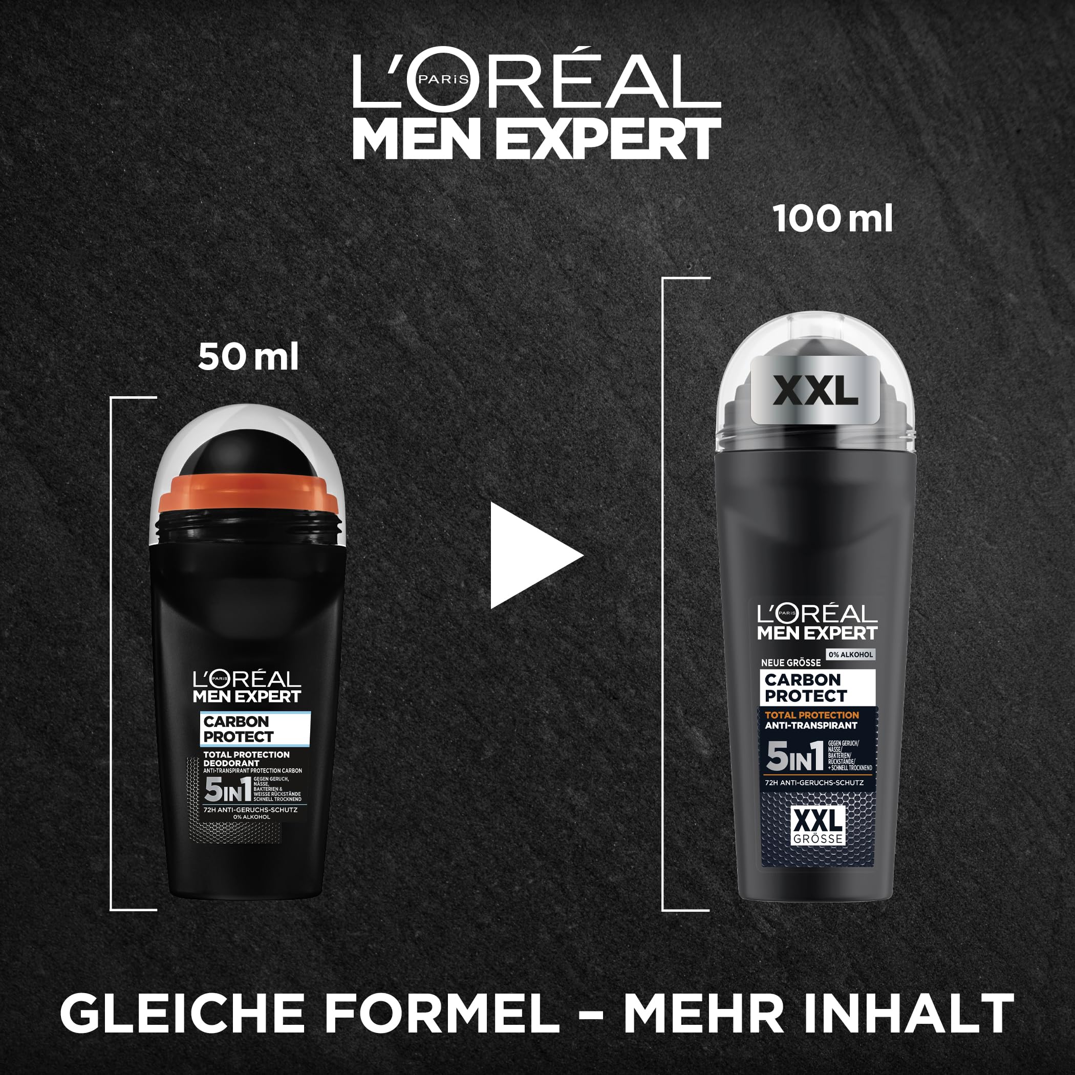 L'Oréal Men Expert XXL 5in1 Deoroller für Männer, Deo Roll-On gegen starken Schweißgeruch, Schwitzen, Achselnässe und weiße Rückstände, Herren 48H Deodorant ohne Alkohol, Carbon Protect, 1 x 100 ml 3