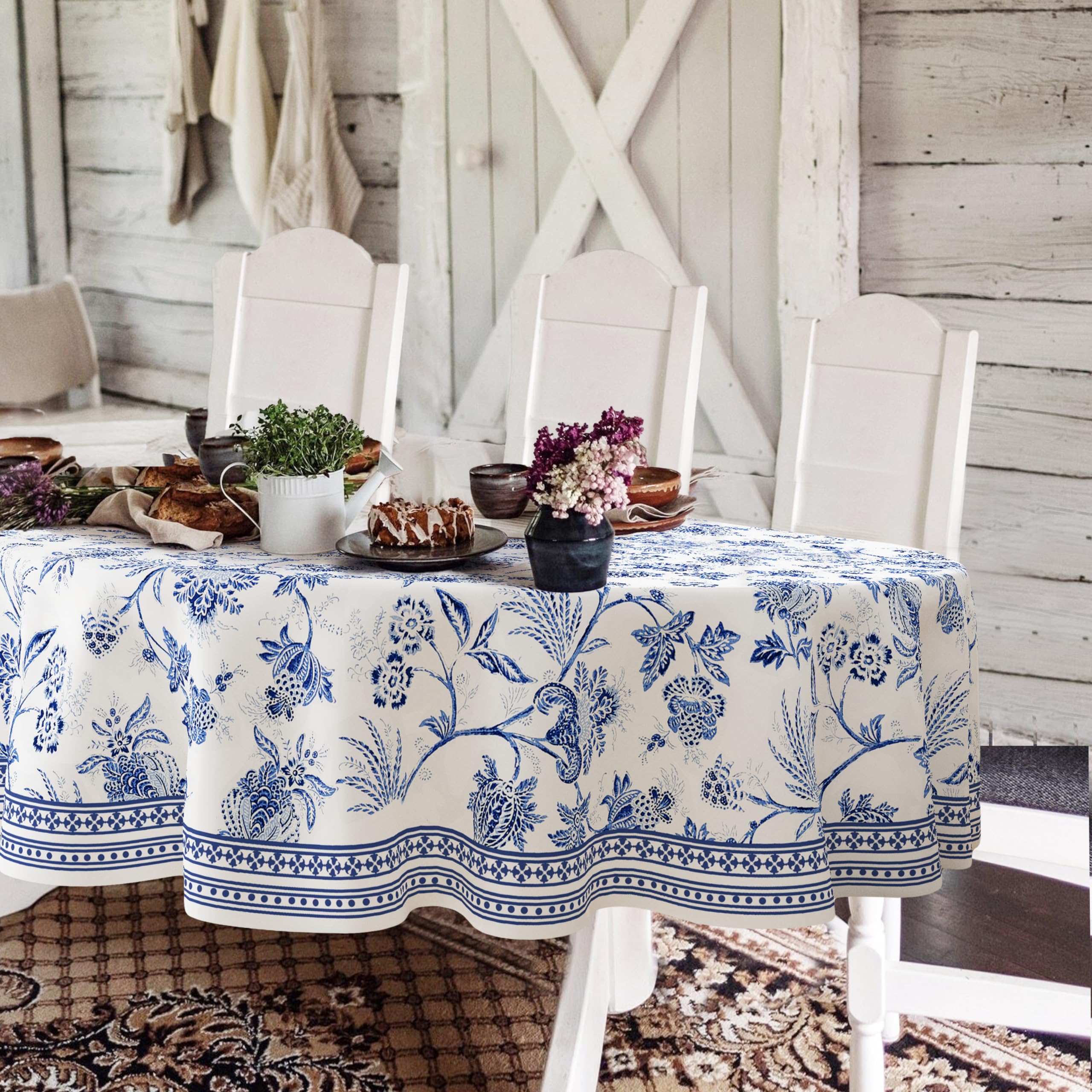 Blue Floral Oval Tablecloth, 60x84 Inch, Blue and White French Country, Rustic Floral Polyester Waterproof for Farmhouse Kitchen/Indoor and Outdoor Tables/Parties/Picnics — image 1