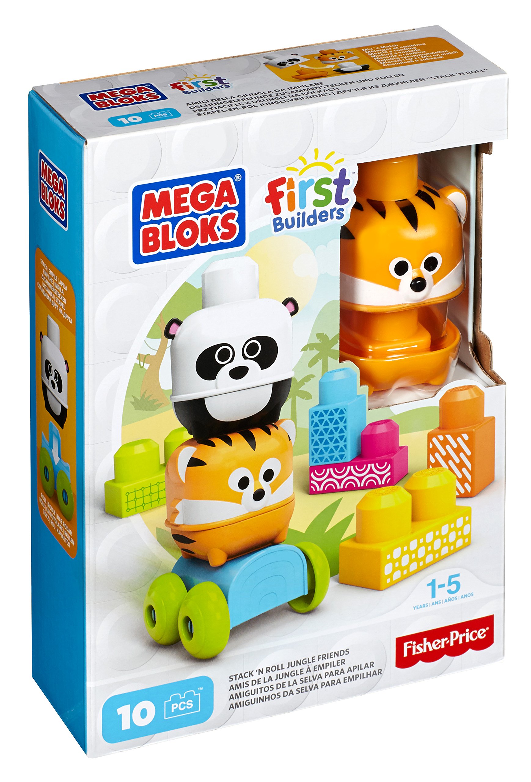 Mattel DLC11 Mega Bloks STACK 'N ROLL JUNGLE FRIENDS 10 piece building blocks