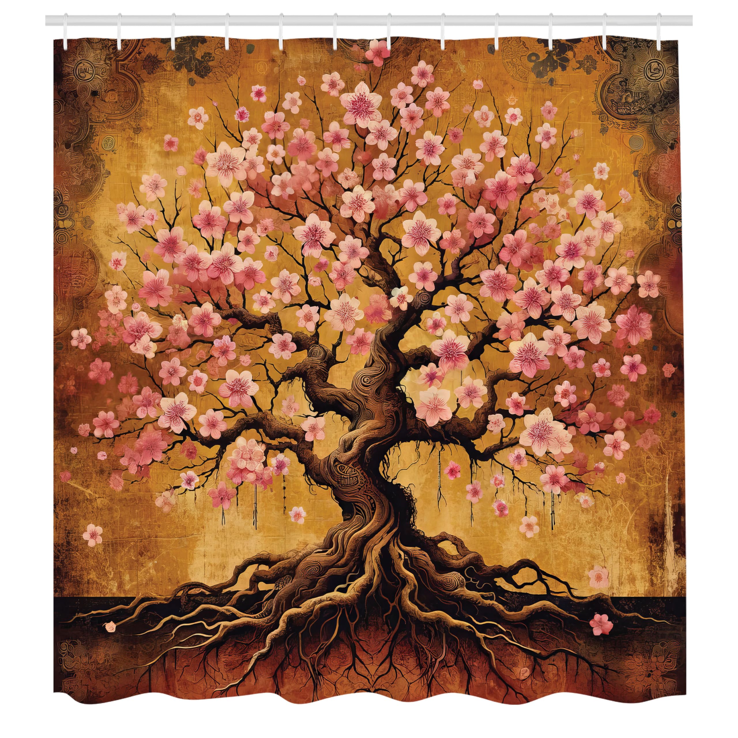 ABAKUHAUS Boho Shower Curtain, Blushy Sakura Fantasy Tree, Cloth Fabric Bathroom Decor Set with Hooks, 175 x 200 cm, Pale Vermob