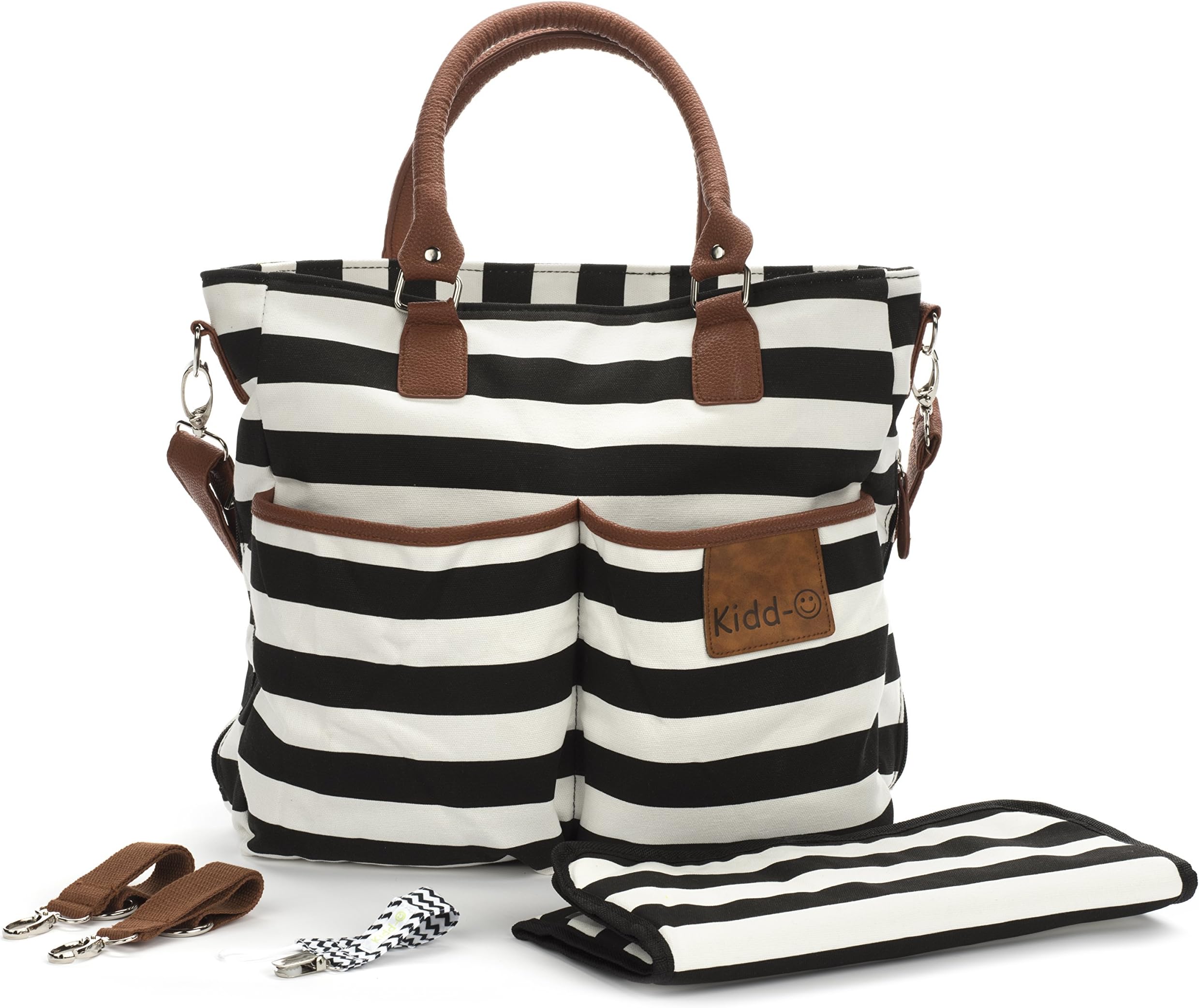 Best Diaper Bag with Matching Changing Mat for Changing Table - Free Complimentary Pacifier Clip Included With Purchase - Perfect for Diapers and Other Baby Products - Black and White Stripe with Leather Handles