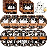150 Pcs Happy Halloween Plates and Napkins Set - Trick or Treat Ghost Paper Tableware, Disposable Dinner Dessert Paper Plates Napkins Kit for Halloween Table Decorations Party Supplies, Serve 50