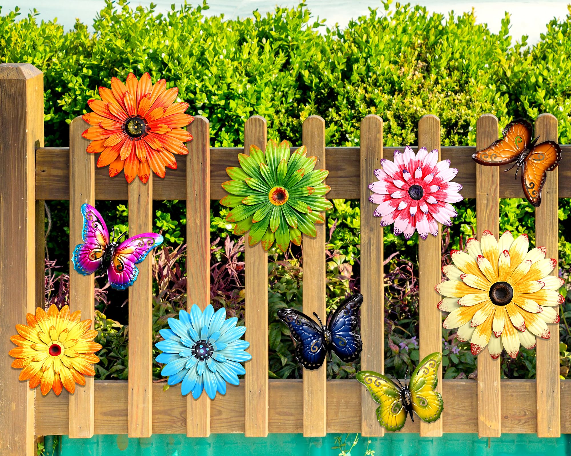 Photo 1 of Gisafai 10 Pcs Metal Flowers Butterfly Wall Art Decor 6 Pcs Metal Daisy Flower Decoration Hanging Sculpture 4pcs 3D Wall Art Gift for Christmas Outside Outdoor Backyard Garden Lawn Balcony(Classic)
