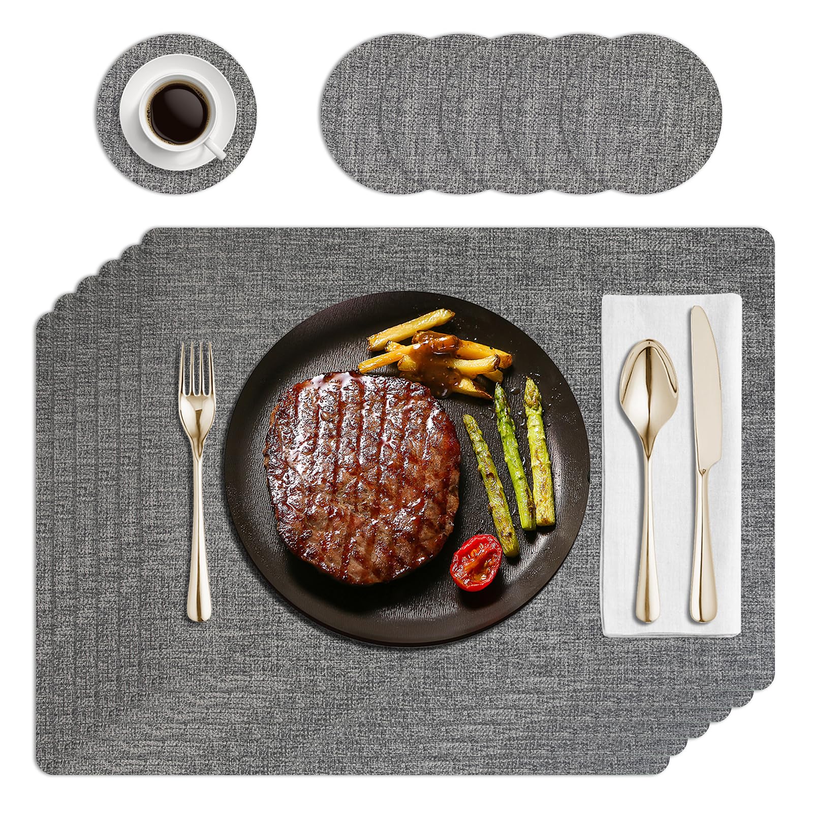 HPMAISON Placemats and Coasters, Set of 6, PU Leather Placemats, Heat Resistant, Non-Slip, Washable, Waterproof Dining Table Place Mats for Home, Kitchen, Dining Table, Restaurant, Hotel, Outdoor