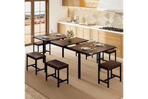 Einhomn 7-Piece Dining Table Set, 63" Extendable Kitchen Room Table with 6 Stools, Mid Century Modern Dinner Table with Metal Frame & MDF Board, Space-Saving, Easy Assembly, Espresso