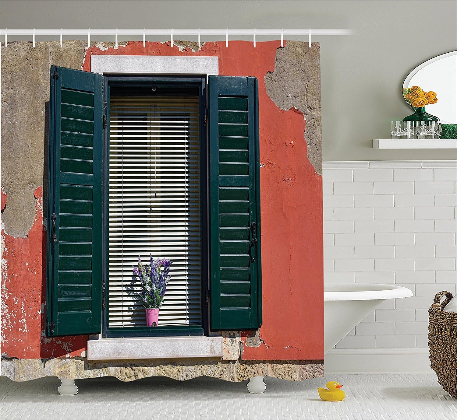 Shutters Decor Shower Curtain Set Old Italian Stone House With Medieval Style Shutters And Colorful Flowers Image Bathroom Accessories Red Green Grey Amazon Co Uk Kitchen Home