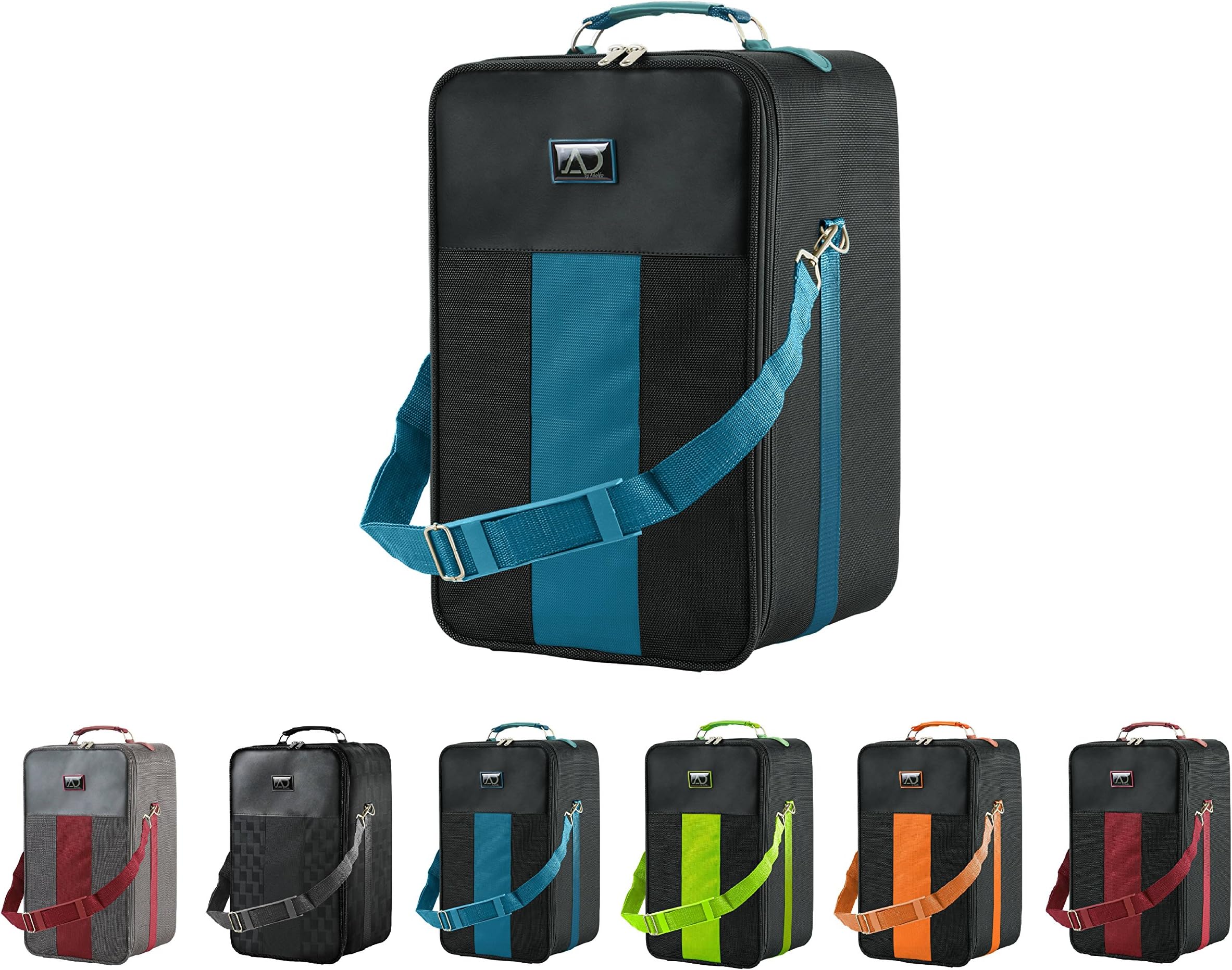 Large Wig Travel Box with Top Handle, Shoulder Strap & Double Zipper, Carrying Case with Removable Head-Holding Base - Black & Blue - by Adolfo Design