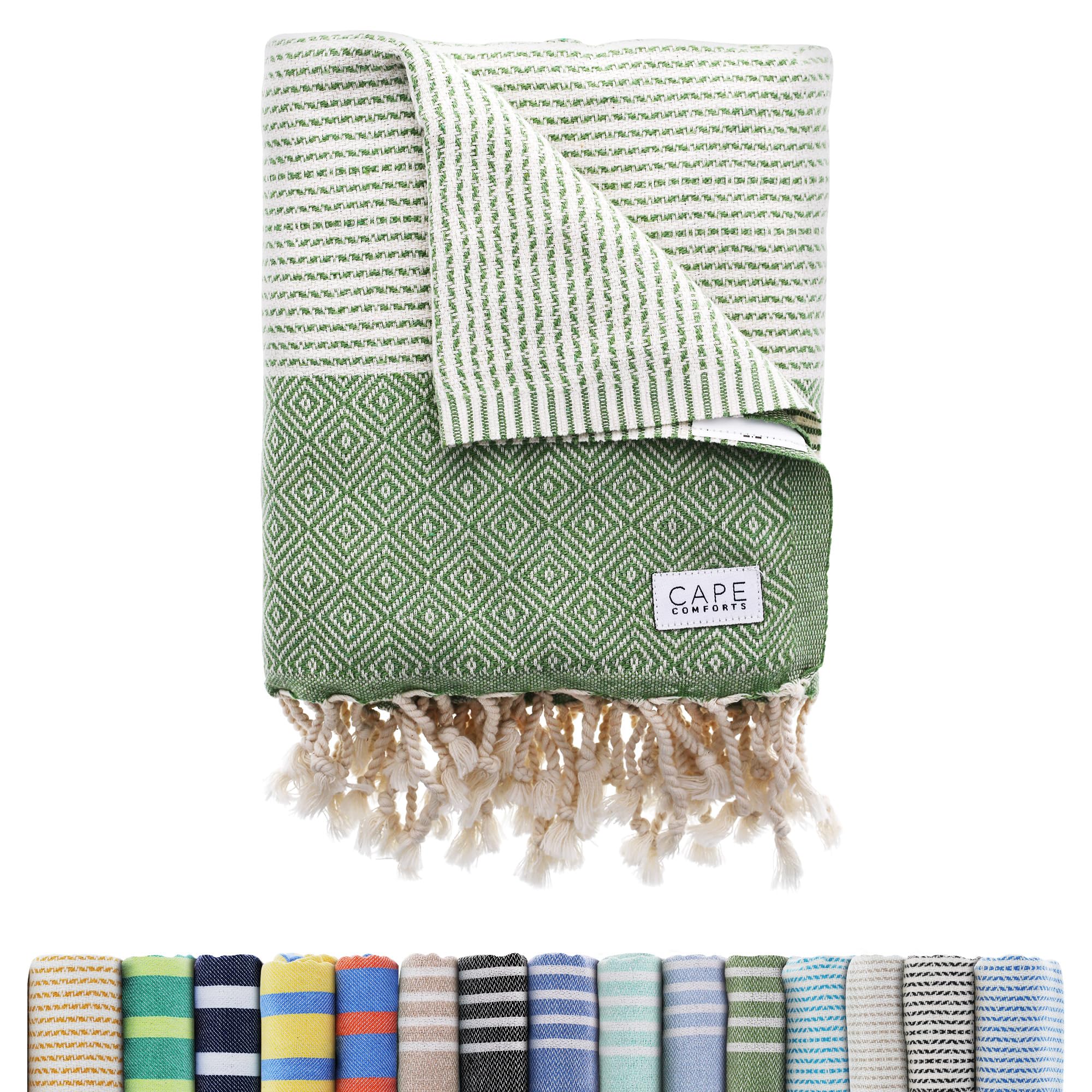 Cape Comforts Oversized Turkish Beach Towel, Diamond Dobby Sage - 37'' x 67'' - Super Soft & Lightweight | Quick Dry Sand Free Travel Towels for Beach or Bath | Gifts
