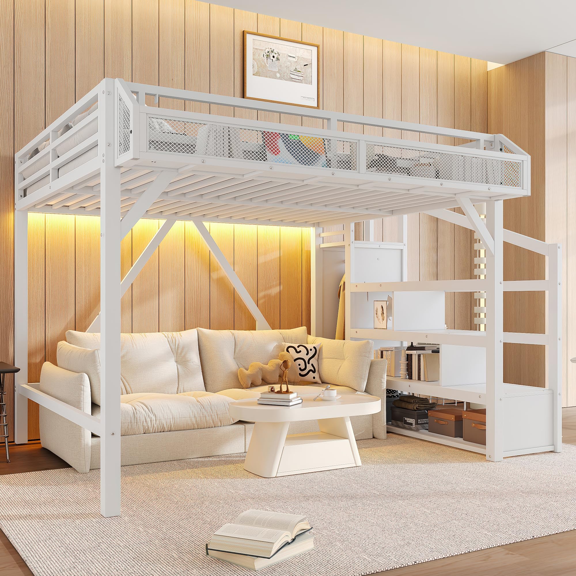 Photo 1 of ***BOX ONE OF TWO***Bellemave Metal Queen Size Loft Bed with Stairs and Wardrobe,Heavy Duty Loft Bed Frame with LED Lights and Charging Station for for Kids,Teens,Adults,White