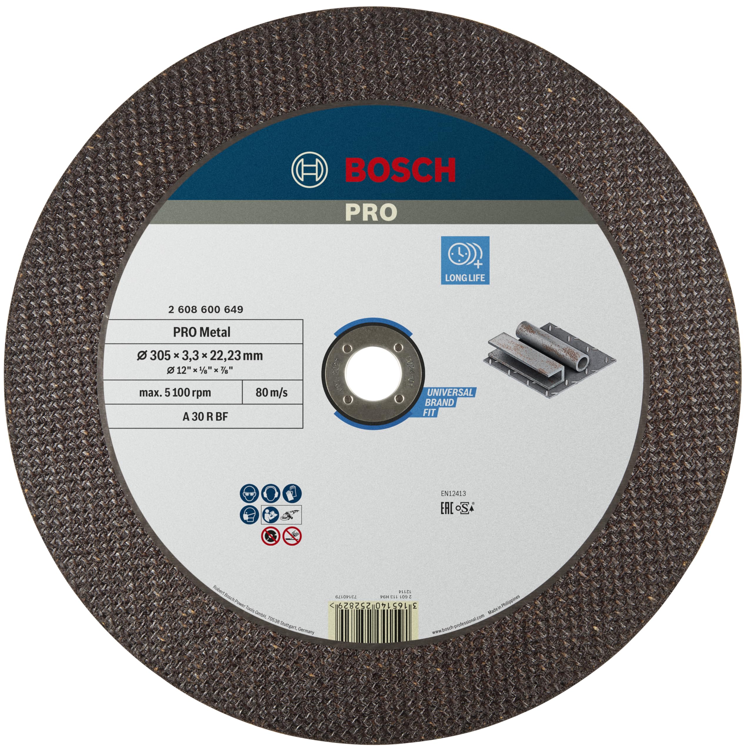 Bosch 1x PRO Metal Longlife Cutting Disc for Large Angle Grinder and Bore 22.23 mm (for Steel, Ø 305 mm, Professional Accessory Large Angle Grinder)