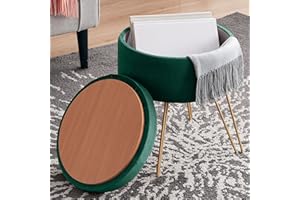 Ornavo Home Modern Round Velvet Storage Ottoman Foot Rest Stool/Seat with Gold Metal Legs & Tray Top Coffee Table - Emerald Green