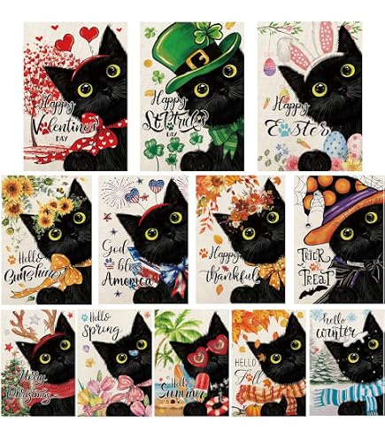 YOVOYOA Gartenflaggen Set – 12 Stück Mit Schwarzen Katzen-Motiven, Doppelseitig, 30,5 X 45,7 Cm, Für Alle Jahreszeiten