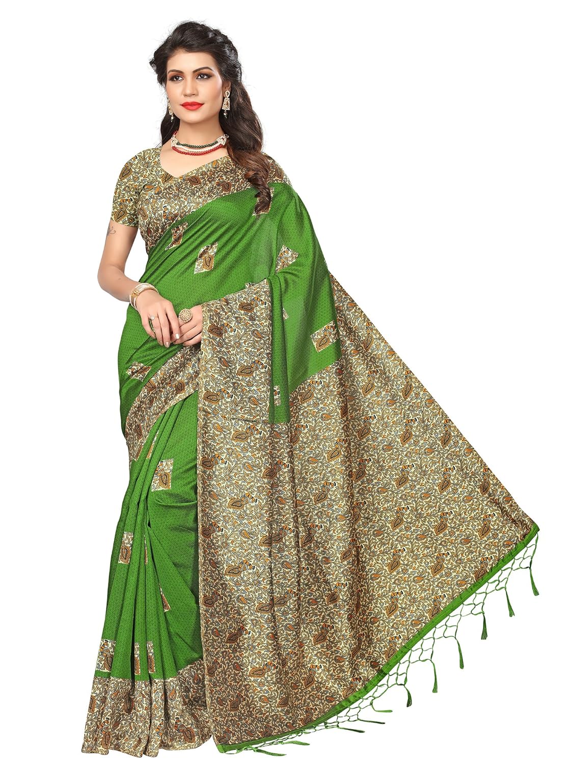 akhilam women's art silk saree with unstitched blouse piece (green_free size)