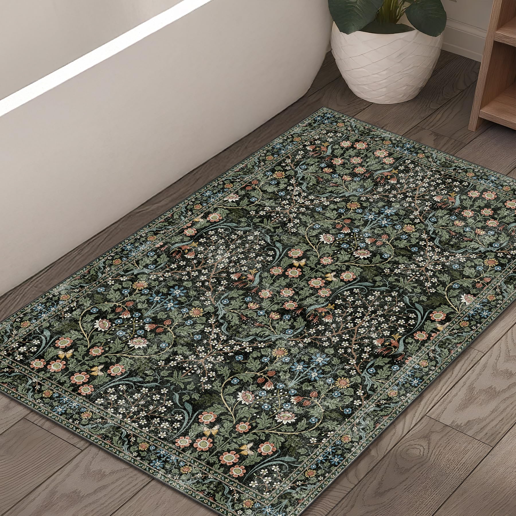Photo 1 of MUJOO 2x3 Washable Rug,Floral Small Area Rugs for Bathroom Entryway Entry Bedroom Bedside,Boho Front Door Mat Indoor Entrance Throw Carpet Botanical Vintage Non Slip Ultra-Thin Black and Green