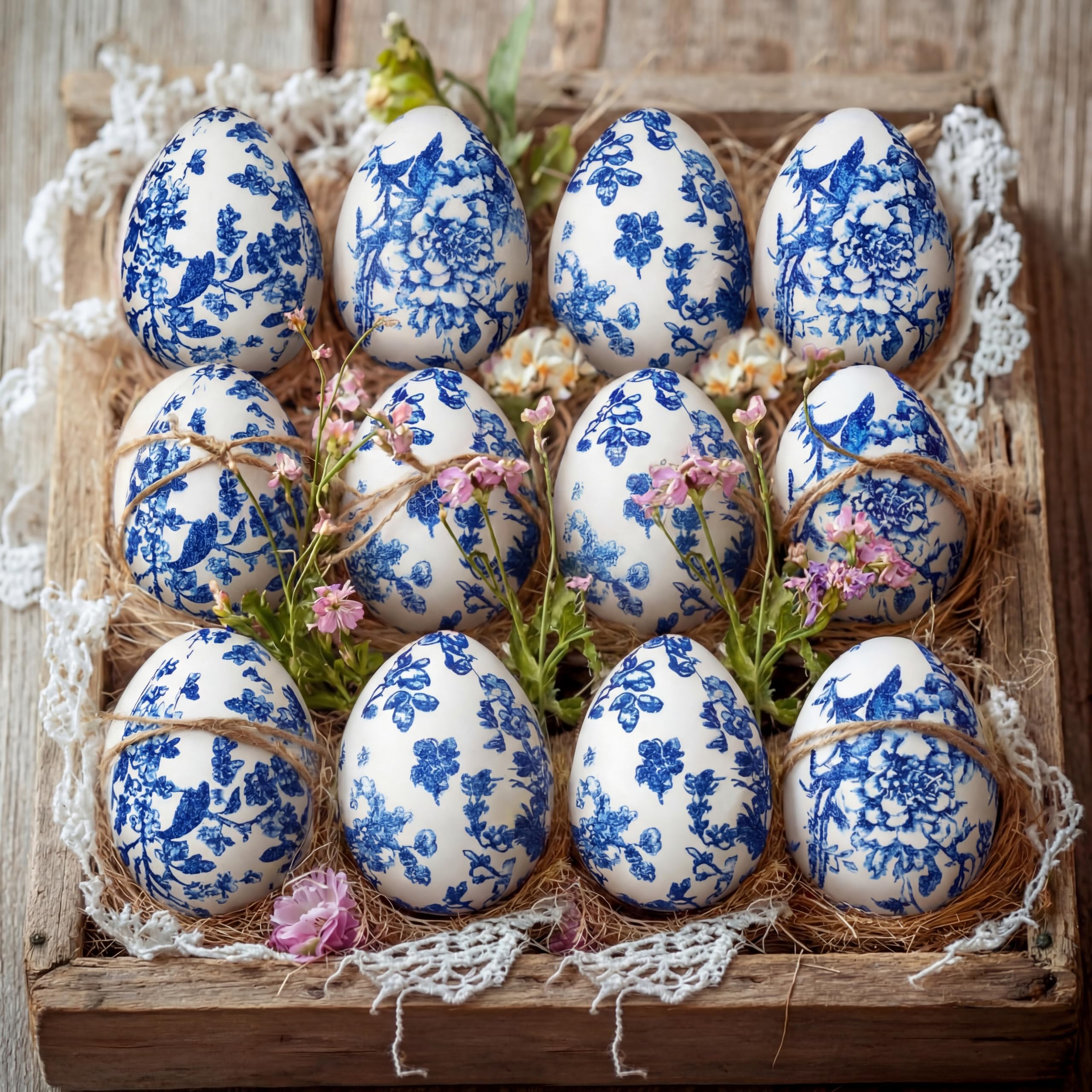 Photo 1 of Bucherry 12 Pcs Easter Chinoiserie Hanging Eggs Blue and White Fabric Egg Farmhouse Decoration Stuffed Fabric Ornaments for Easter Tree Spring Party DIY Tabletop Basket Filler Tiered Tray Decor