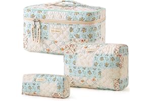 HBselect Quilted Makeup Bag, 3PCS Cotton Large Travel Makeup Bag, Cute Floral Coquette Make up Bag Cosmetic Bag Toiletry Bag for Women Girls