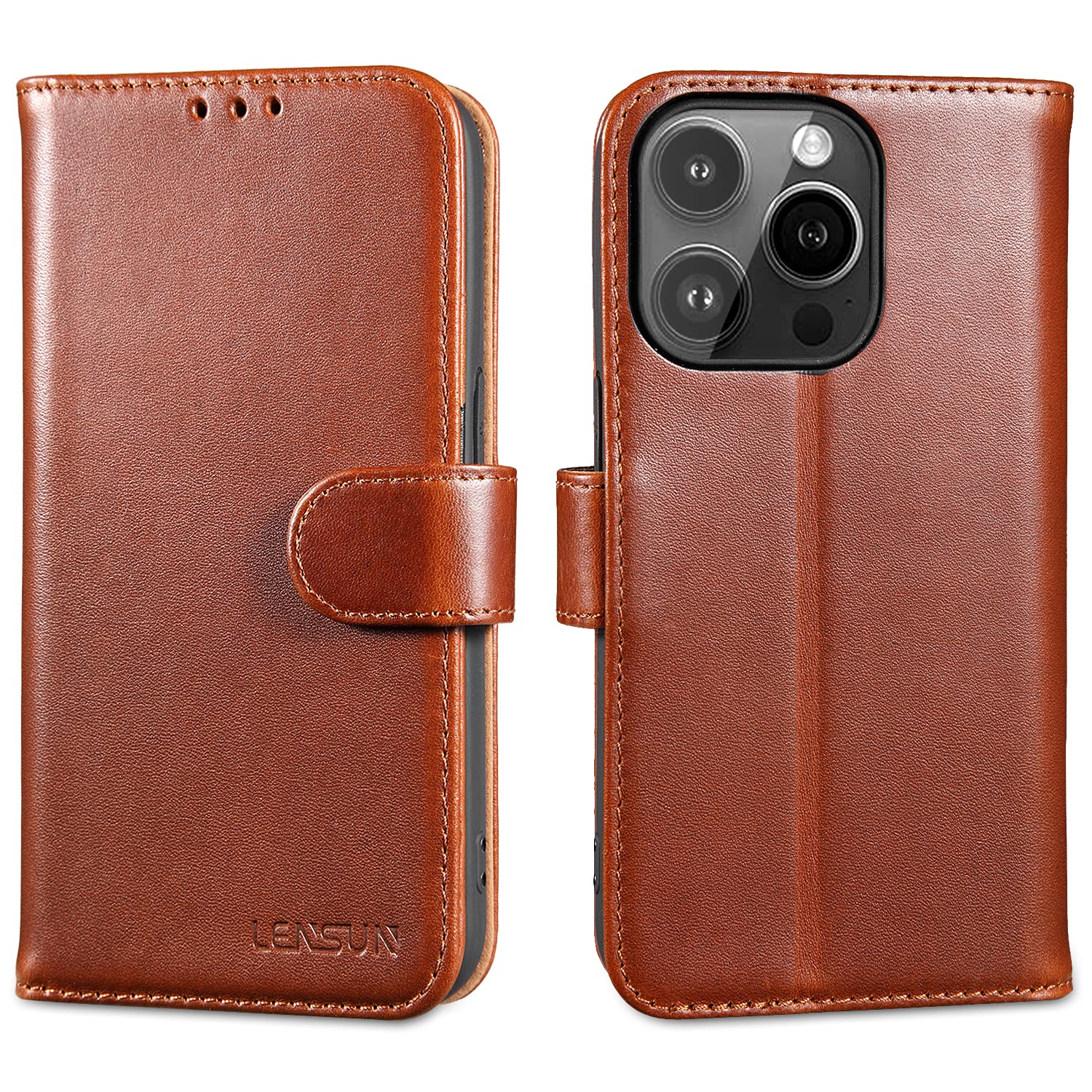 LENSUN Case for iPhone 14 Pro 5G, Genuine Leather Wallet Flip Phone Cover Folio [RFID Blocking] with Card Holder and Magnetic Closure for Apple iPhone 14 Pro - Dark Brown
