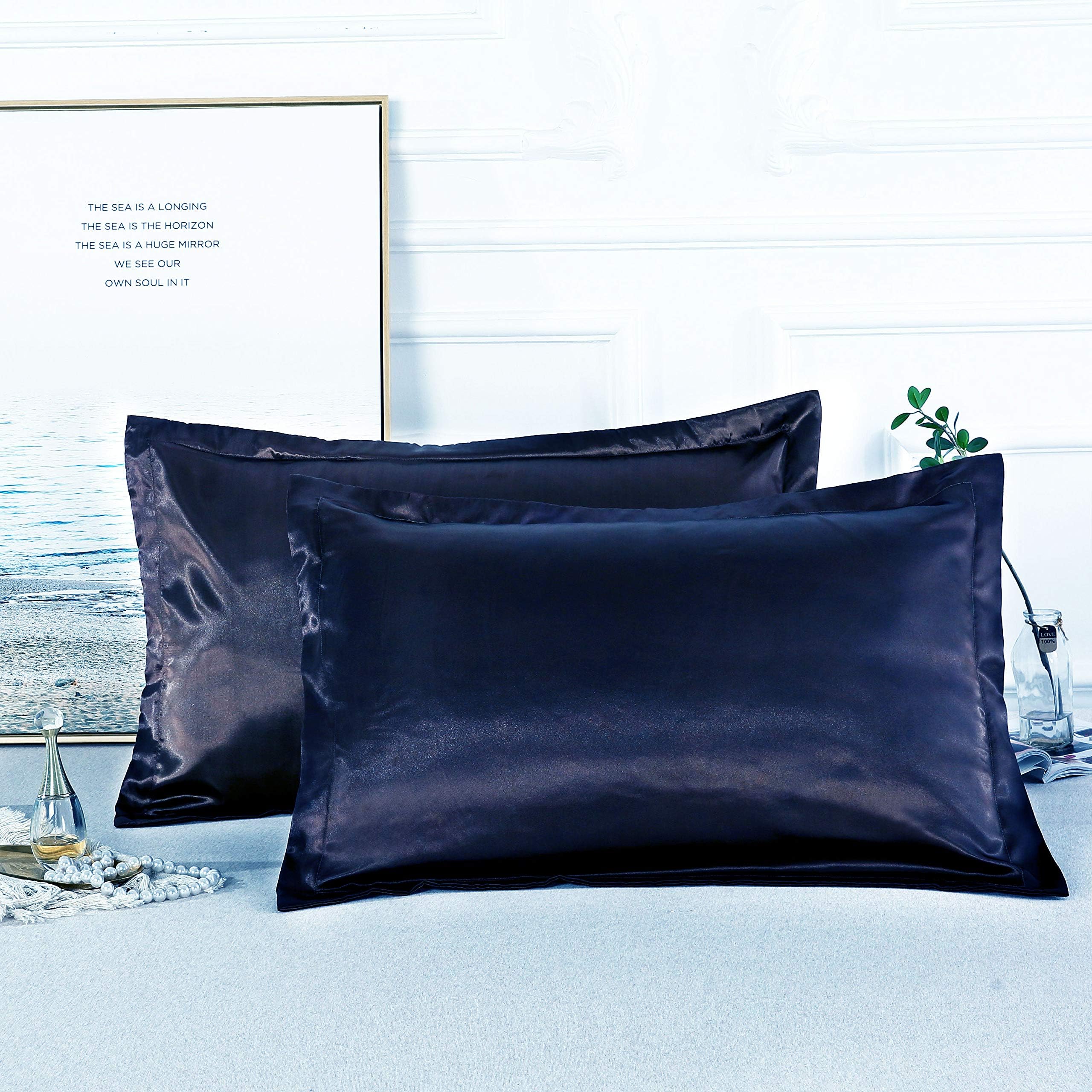 UNIHOME 100% Silky Satin Hair Beauty Pillowcase, Standard/Queen 2PCS Set (Navy Blue)