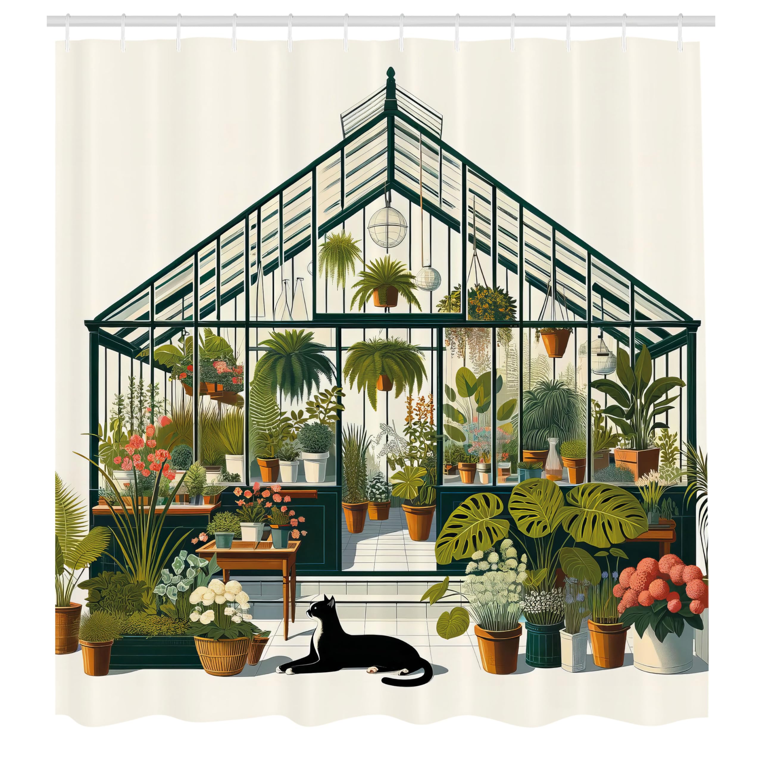 ABAKUHAUS Botanical Shower Curtain, Greenhouse and Big Cat, Cloth Fabric Bathroom Decor Set with Hooks, 175 x 200 cm, Olive Green Dark Teal