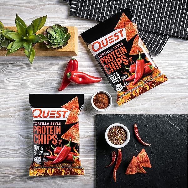 QUEST NUTRITION TORTILLA STYLE PROTEIN CHIPS, HOT & SPICY, 19G OF PROTEIN, 4G NET CARBS, GLUTEN FREE, 1.1 OUNCE (PACK OF 12)