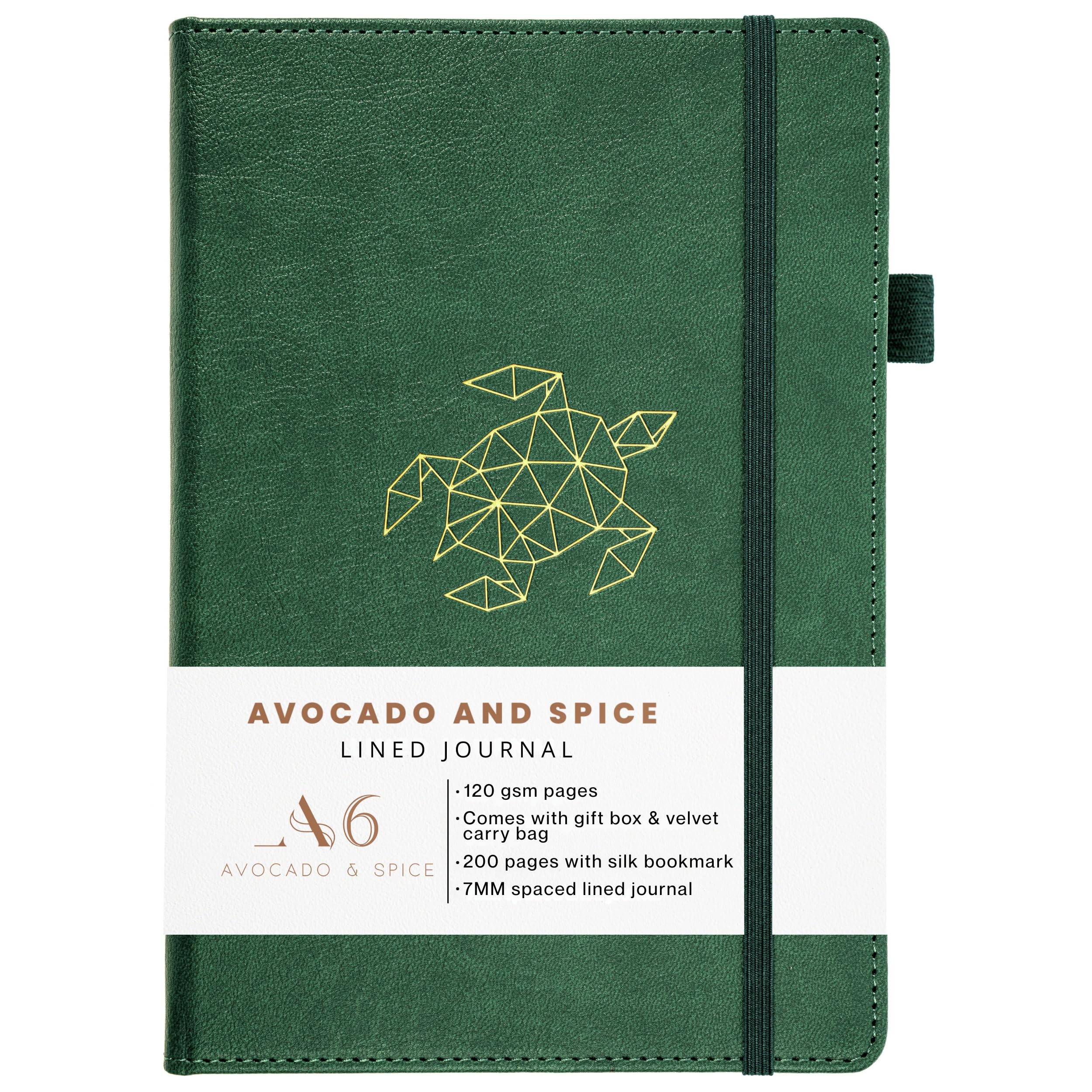 Small Notebook A6 by Avocado and Spice® - A6 Pocket Notepad with Gift Box & Velvet Bag – Small Notepad Hardback Lined Journal - Faux Leather with 200 Thick Page (Green, Lined)