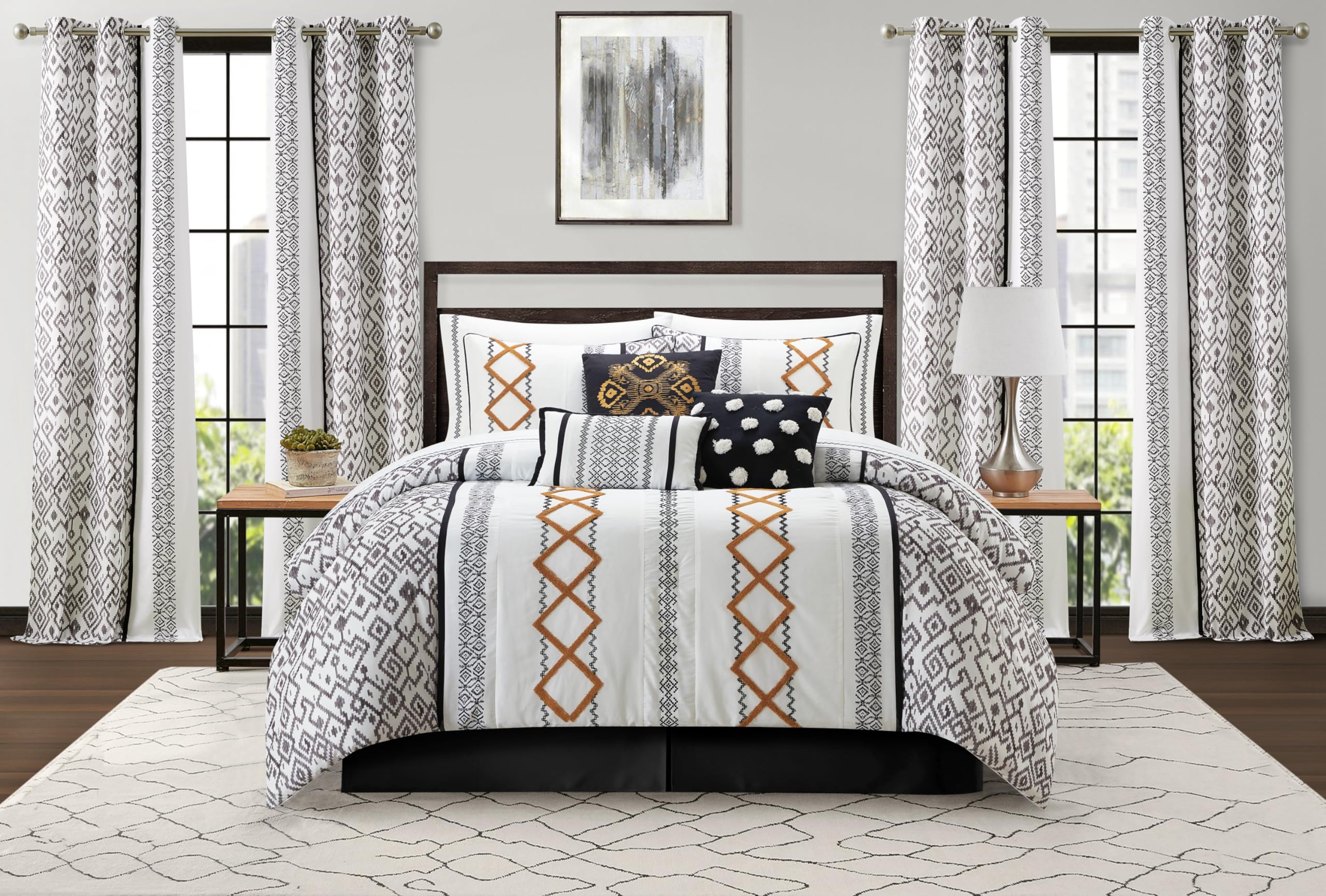 Stratford Park Black Gold Comforter Set California King Size, 15 Piece Terry Embroidery All Season Room-in-A-Bag, Matching Curtains, Sheet Set, Pillows & Shams