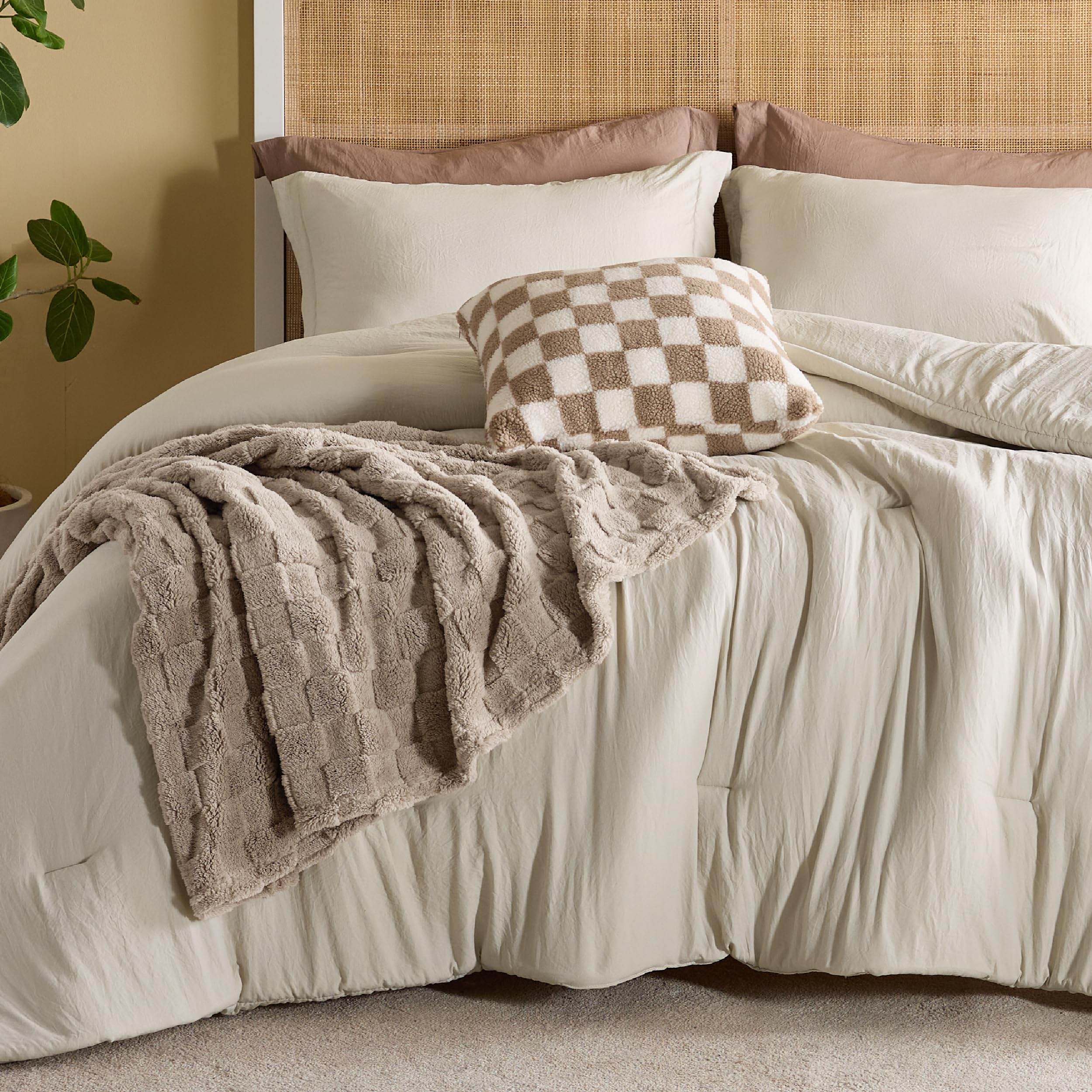 Photo 1 of Bedsure Full Comforter Set 5 Pieces - Bed in a Bag with Checkered Throw Blanket and Decorative Pillow, Lightweight Bedding Comforter Sets, All Season Boho Bedding, Linen Beige