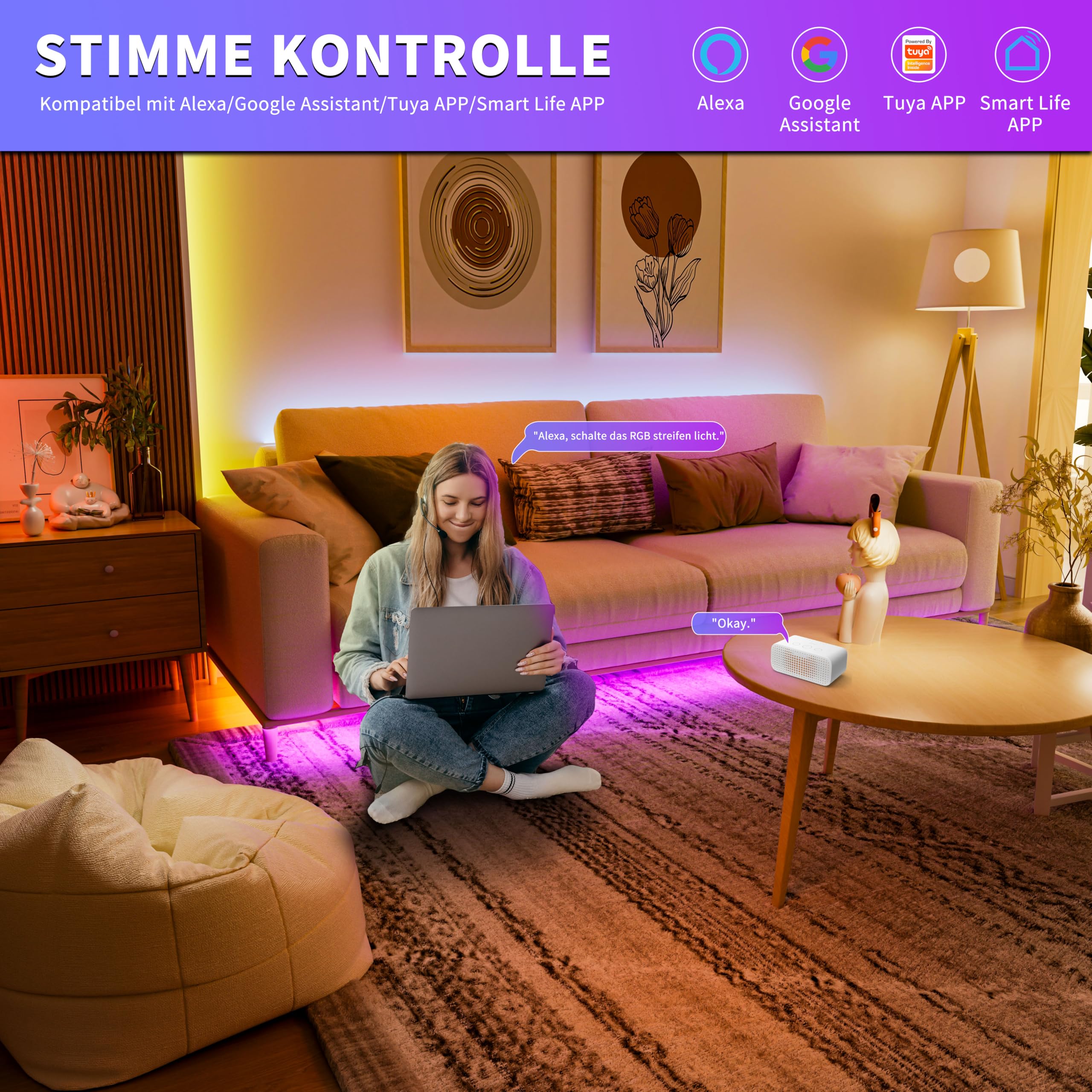 OULARA WIFI RGB COB LED Streifen 6M Dimmbar LED strip Licht DC24V,Farbe Wechsel Smart Funktioniert mit Tuya/Alexa/Google Assistant,Mehrfarbiges Flexibles LED band Licht für home DIY Dekoration 3