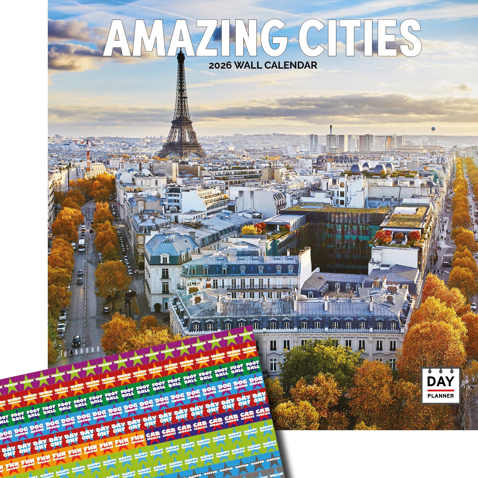 Dayplanner Publishing Amazing Cities Calendar 2026, Large Square Wall Calendar With Organisational Stickers, 16 Month, Amazing Cities Gift Travel Calendar