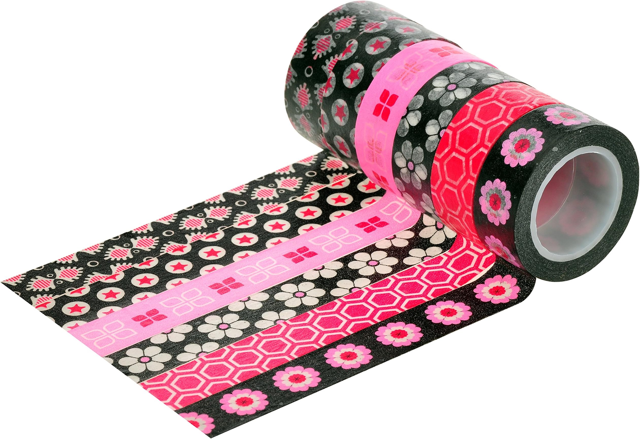 HIART Repositionable Washi Tape, Black/Pink Perfection Collection, Set of 6