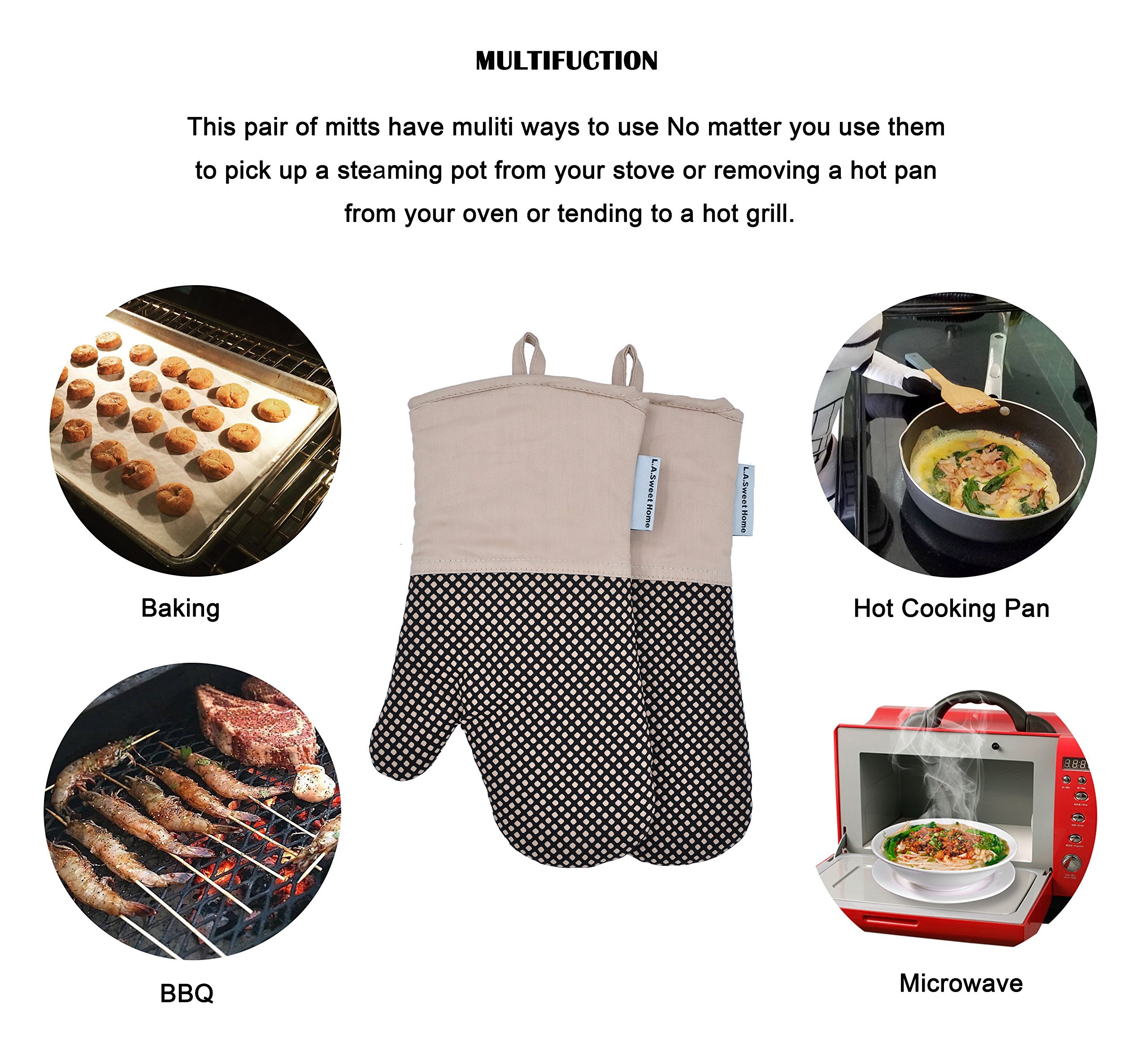 Silicone Oven Mitts Cooking Gloves 480 F Heat Resistant Square Dot Pattern Non-Slip Grip Pot Holders for Kitchen Oven BBQ Grill and Fire Pits for Cooking Baking 7x13 inch 1 pair Khaki by LA Sweet Home