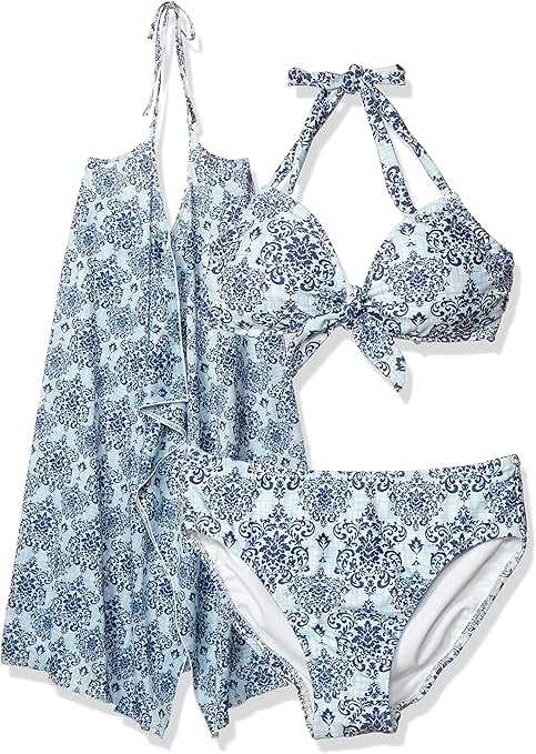 Amazon 三愛水着楽園 水着 ノンワイヤー アラベスク柄 パレオワンピース3点セット レディース ビキニ セパレーツ 通販