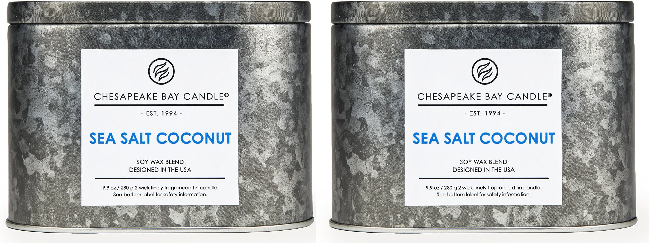 Chesapeake Bay Candle Tin with Double Wick Scented Candles, Sea Salt Coconut, Oval (2 Pack)