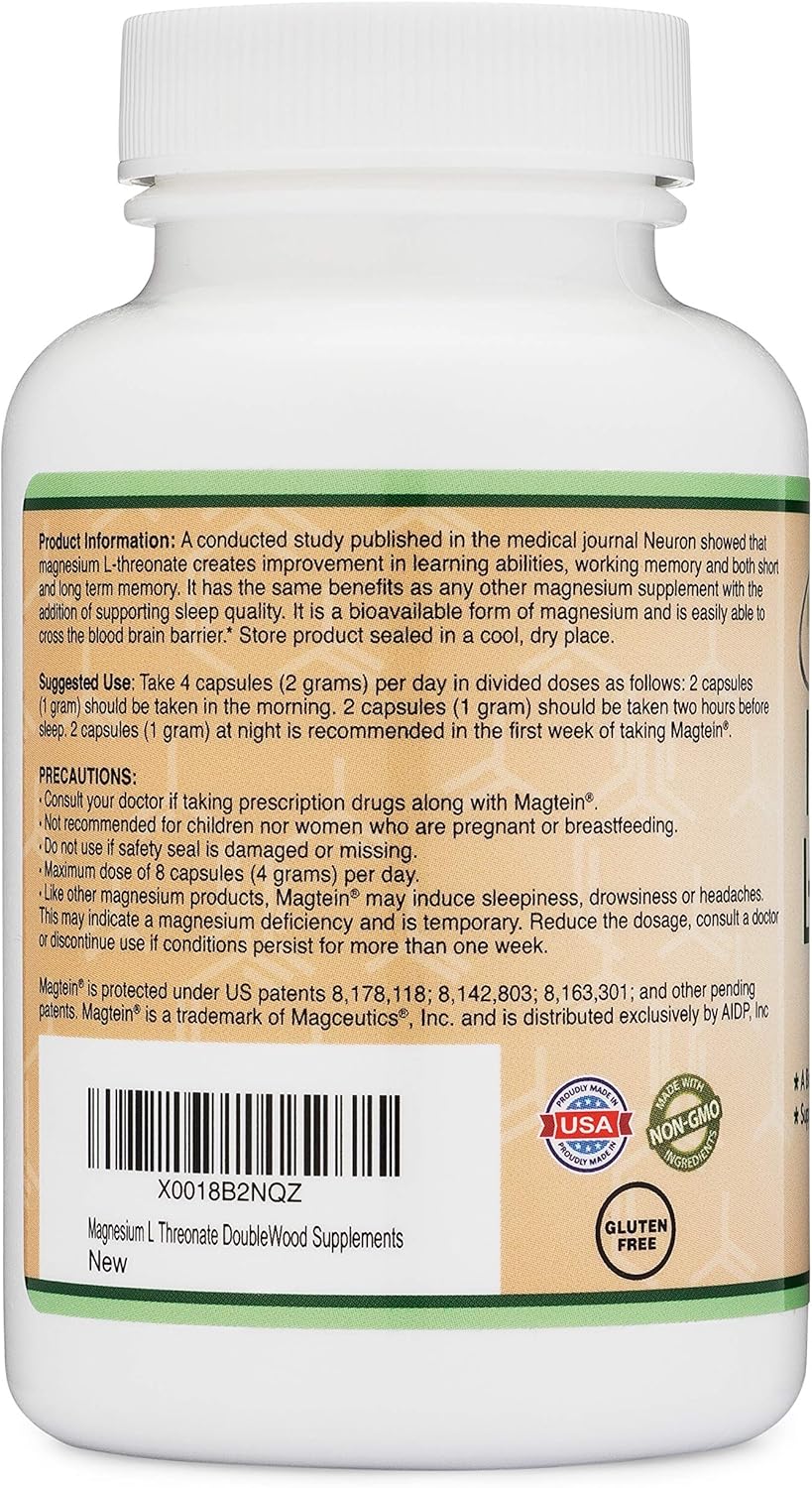 Magnesium L Threonate Capsules (Magtein) – High Absorption Supplement – Bioavailable Form for Sleep and Cognitive Function Support – 2,000 mg – 100 Capsules: Health & Personal Care
