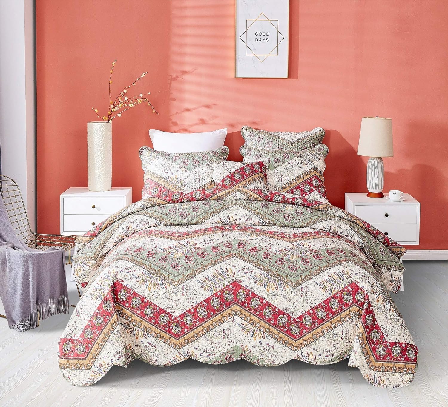 DaDa Bedding Bohemian Patchwork Bedspread - Rustic Cranberry Sage Chevron Floral Quilted Coverlet Set - Scalloped Edges Multi-Colorful Orange Red Green & Ivory White Background - Queen - 3-Pieces