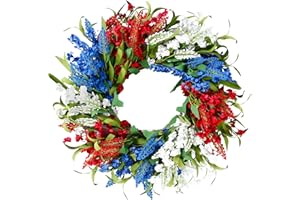 Sggvecsy 21Inch 4th of July Patriotic Day Wreath Artificial Floral Wreath with Red Blue White Lavender Flower Wreath Patriotic Decorations for Front Door Memorial Day Independence Day Veterans Day