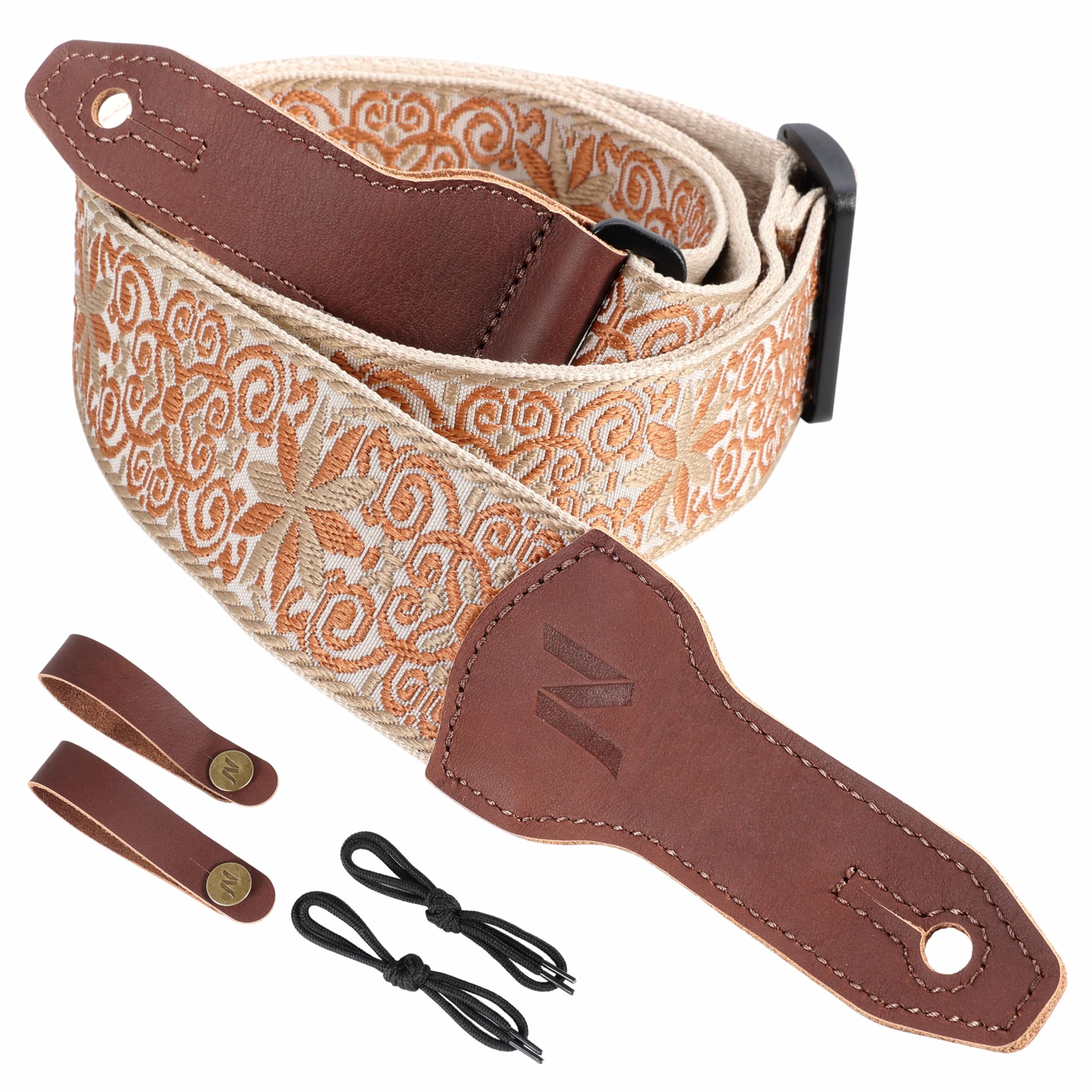 Nefelibata Banjo Strap, 2"Wide Full Grain Cowhide Guitar Strap Adjustable Replacement,Multi-pattern Guitar Strap With Headstock Rope and Leather Headband(Yellow Flower Embroidery)