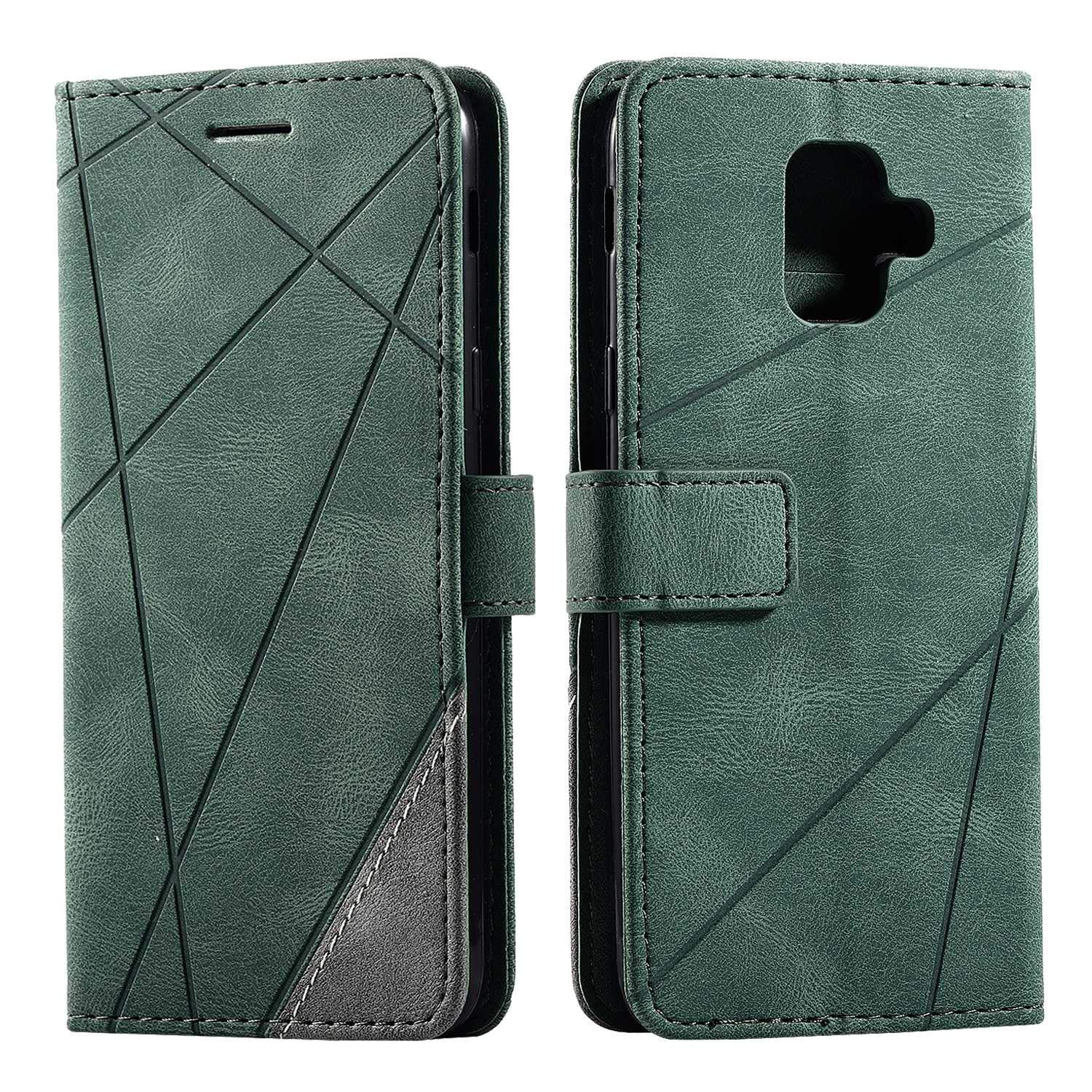 SONWO Case for Galaxy A6 2018 Case, Premium Leather Flip Wallet Case Magnetic Closure Card Slots Kickstand Phone Case for Samsung Galaxy A6 2018, Green