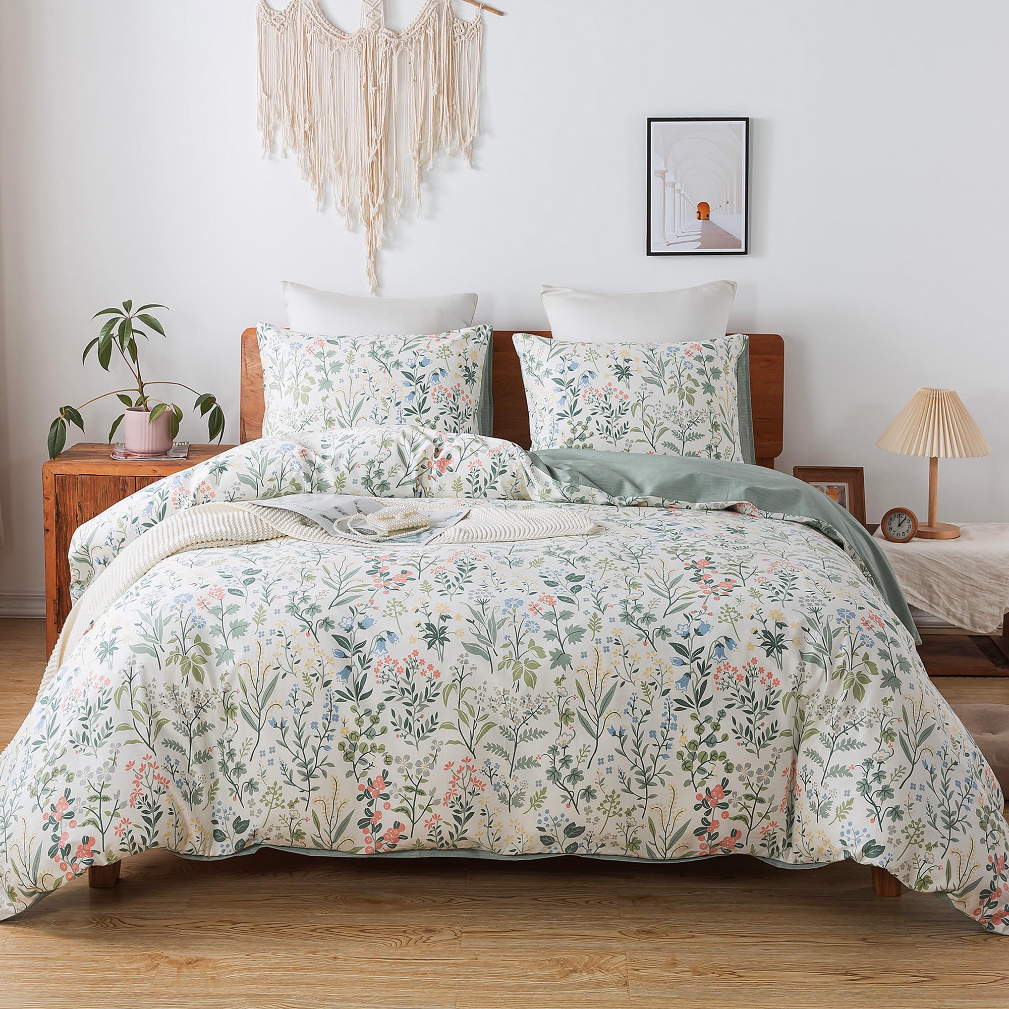 Photo 1 of HoneiLife Duvet Cover Queen Size - 100% Cotton Comforter Floral Breathable Duvet Cover with Zipper Closure & Corner Ties,3pcs Wildflower Comforter Cover Sets- Fragrant Grass