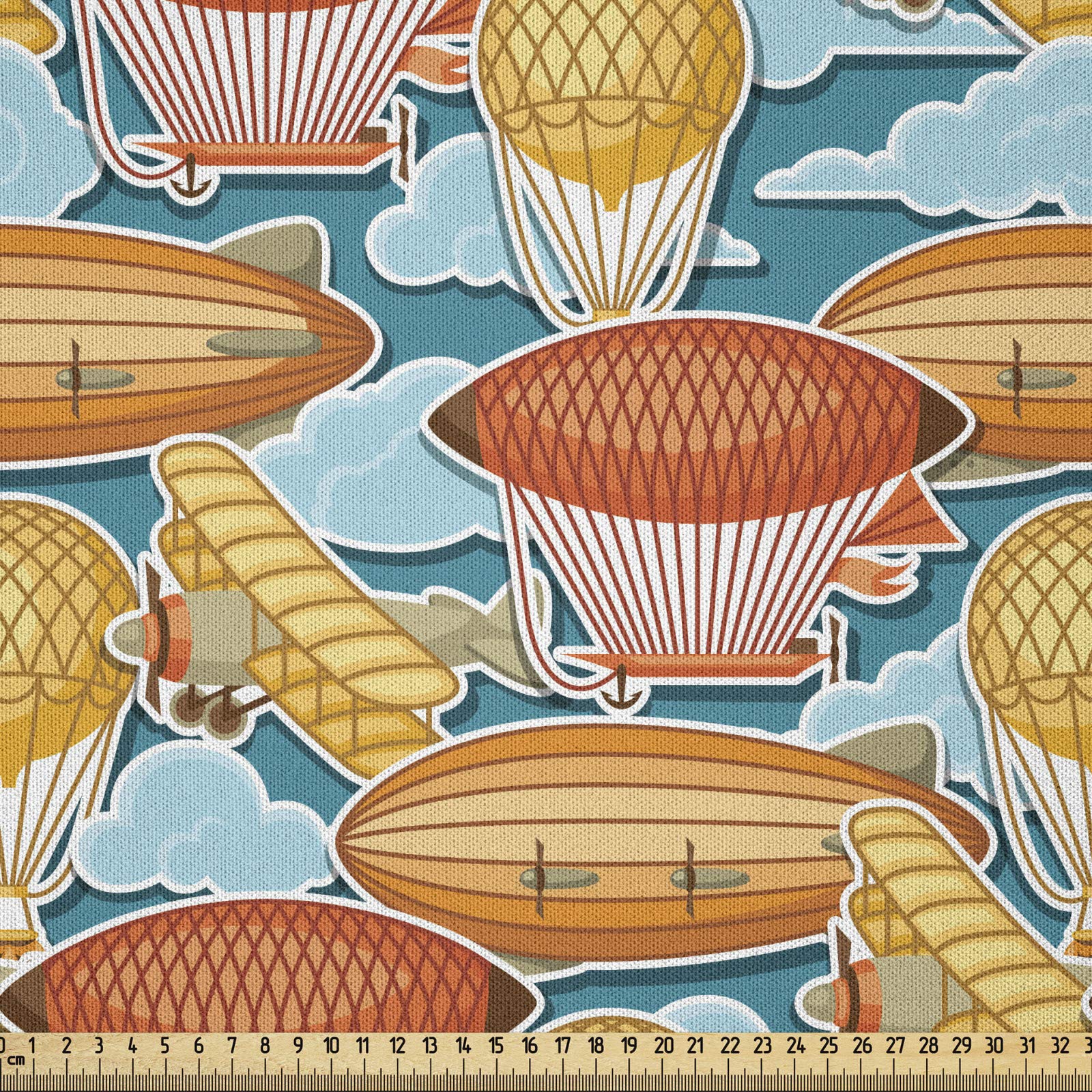 ABAKUHAUS Vintage Airplane Fabric by the Yard, Zeppelin Hot Air Balloon Blimp and Propeller Plane Pattern in Cloudy Sky, Microfiber Fabric for Arts and Crafts Textiles Decor, 1M, Multicolor