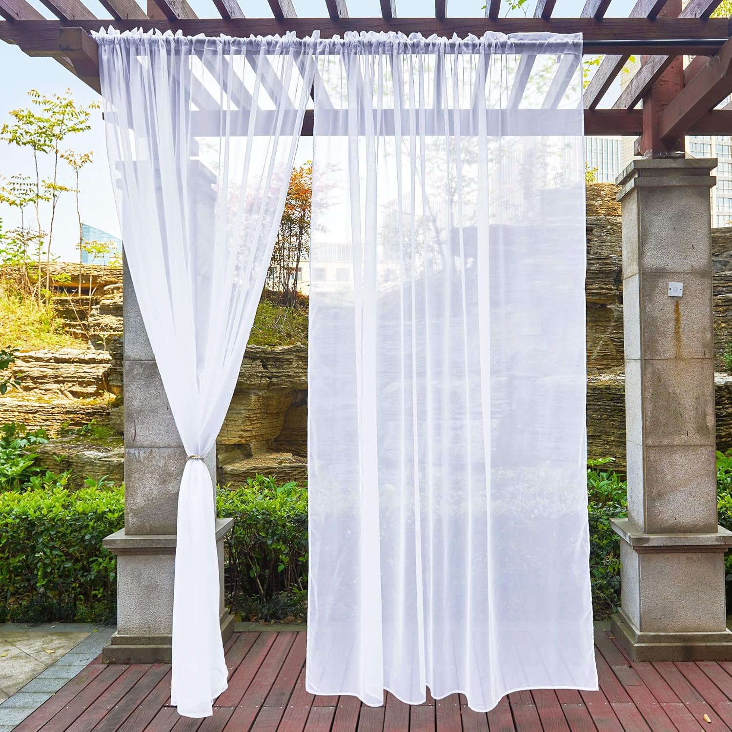 Outdoor Curtains - NICETOWN 2 Panels White Sheer Outdoor Curtains for Patio Waterproof, Rod Pocket Indoor Outdoor Sheer Airy Voile Window Treatments for Porch/Pergola/Living Room, W54 x L84