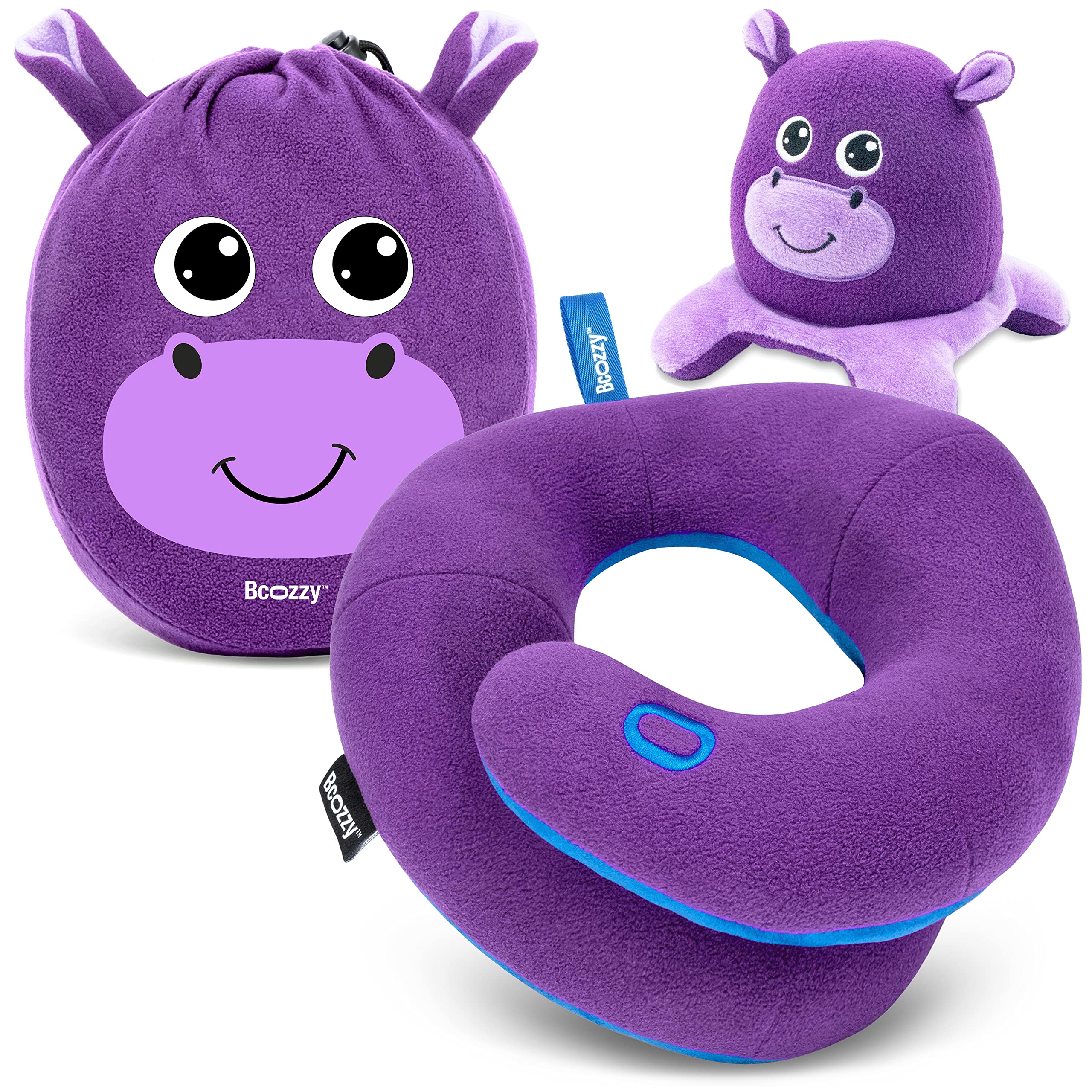 BCOZZY Kids Chin Supporting Travel Pillow for 3-7 Y/O- Stops the Head from Falling Forward- Comfortable Road Trip Essential. Soft, Washable, Small Size, Purple, Hippo Bag and Hippo Moodizz โ image 1
