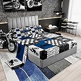 Dirt Bike Bedding Set Full Black Grey Blue Motocross Rider Sheet Set Kids Boys Teens Men Bedroom Racing Themed Patchwork Grid Packet Fitted Sheet Fashion Motorcycle Silhouette Top Flat Sheet 4Pcs