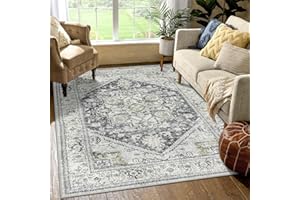 LIVEBOX Washable Area Rug 5x7 - Large Boho Living Room Rug Vintage Non-Slip Indoor Rug for Bedroom,Low-Pile Retro Carpet Print Distressed Accent Rug for Nursery Entryway Office,Grey/Green