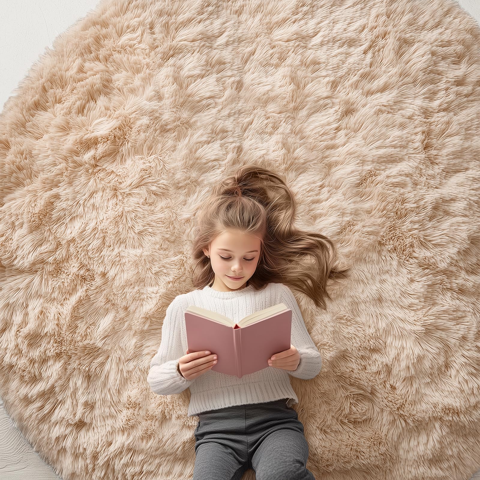 Photo 1 of OLANLY Beige Round Rugs for Bedroom - Machine Washable, 6 ft Circle Area Rugs for Living Room, Soft and Fluffy Shaggy Carpet for Teen Girls and Boys, Nursery Rooms, Dorms, Home Decor Aesthetic