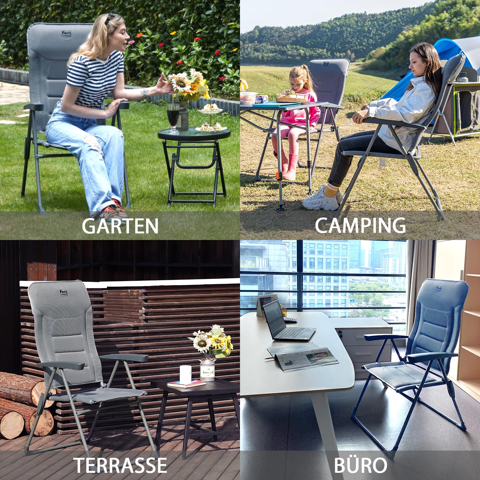 TIMBER RIDGE Campingstuhl Faltbar mit Hoher Lehne Klappstuhl Luxus Gepolsterter Balkonstuhl mit 7 Positionen, Verstellbarer Gartenstuhl für Camp, Garten, Balkon Belastbar 150 KG Grau 2