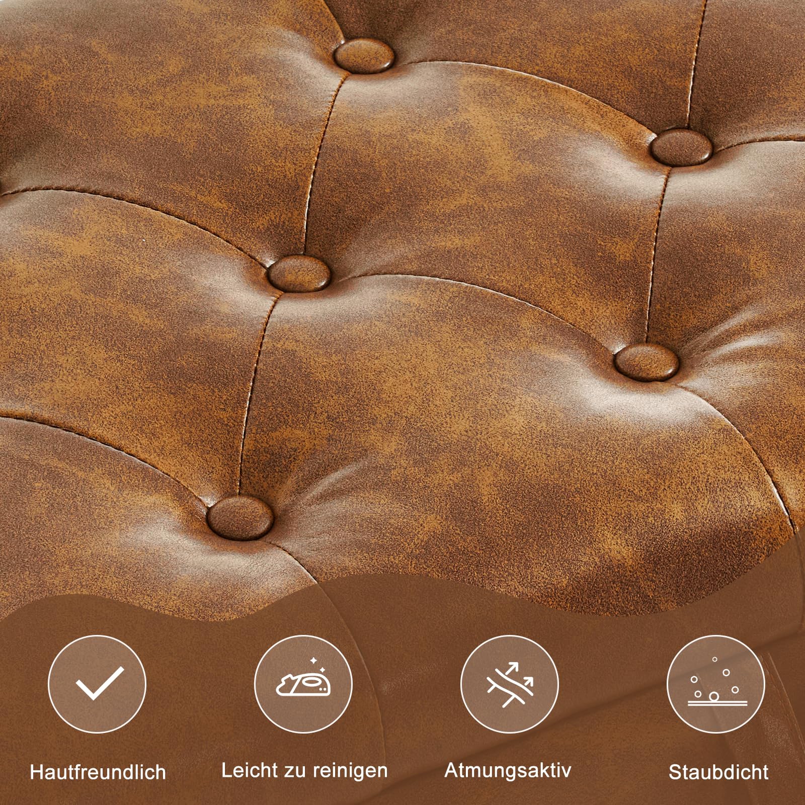 Ckaff Sitzbank mit Stauraum 132cm, Aufbewahrungsbox, Fußbank, Bettbank, Sitztruhe mit Armlehnen aus PU-Kunstleder für Wohnzimmer Schlafzimmer Flur, GelbBraun 8
