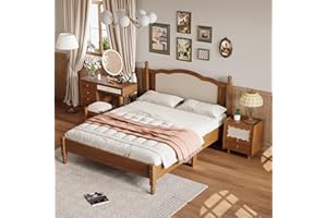 JIVOIT 3 Pieces Bedroom Set, Queen Size Platform Bed Frame With Natural Rattan Headboard, Makeup Vanity and Nightstand, Vintage Style (Walnut, Queen, 233)