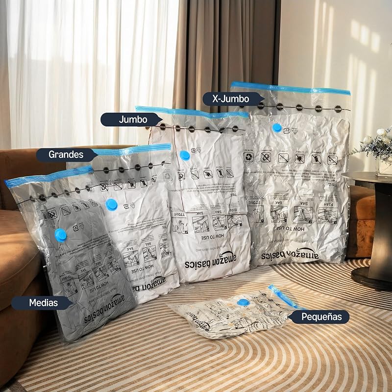 bolsas de vacío para almacenamiento, con cremallera, incluyen boca para aspirador, 15 Unidad, 2 extragrandes, 5 grandes, 4 medianas y 4 pequeñas, Blanco