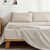 JELLYMONI 100% Cotton Bed Sheets Set – Khaki and White Stripes, California King Size, Soft Bedding with Deep Pocket Fitted Sheet, Flat Sheet & Pillowcases